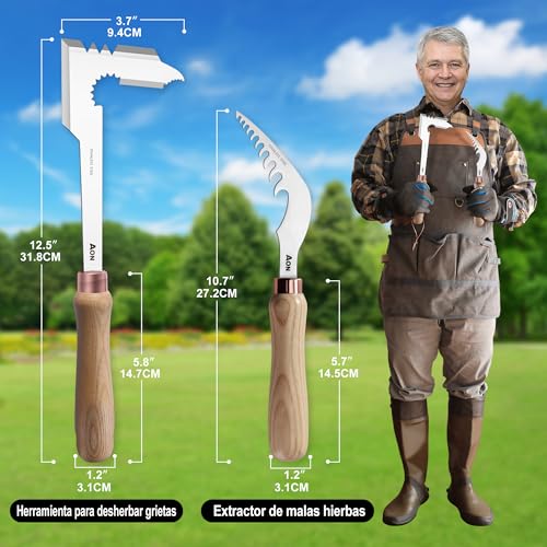 AON 2-Pack Kit Jardinería con Extractor de Malas Hierbas – Acero Termotratado, Mango Ergonómico de Madera de Fresno, Ideal para Jardín y Césped, Extrae Fácilmente Malezas y Raíces - imagen 6