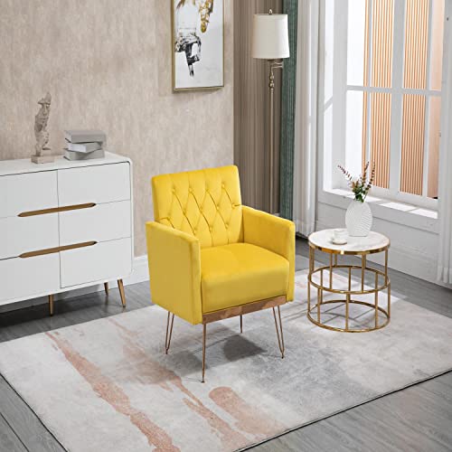 Yeag Button-Tufted Accent Chair, Modern Upholstered Velvet Armchair, Leisure Single Sofa Chair With Rose Gold Metal Legs For Living Room, Bedroom, Office (Mustard) #TOP2