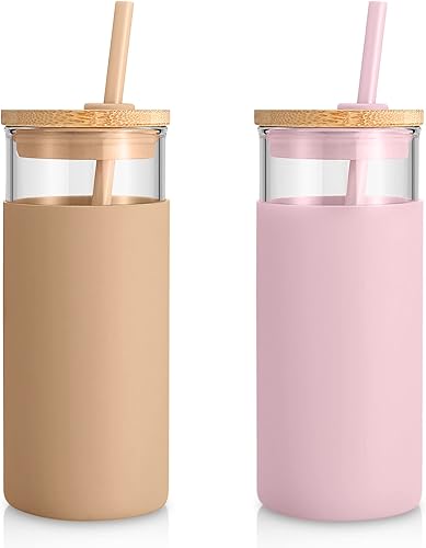 Miniatura 13 de Tronco - Vaso de vidrio de 20 onzas con tapa de bambú y pajilla, vaso para licuado de frutas con funda de silicona, sin bisfenol A, apto para