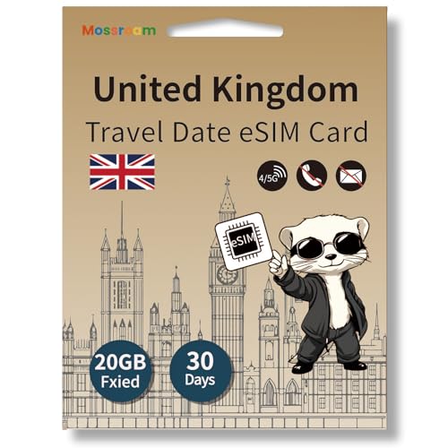 United Kingdom Travel Prepaid eSIM Card, 4G/5G,No Contract-20GB,30 Days