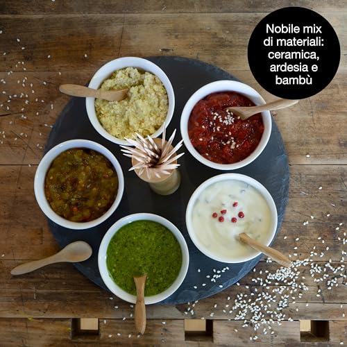 Moritz & Moritz Set da 11 pz Serving Set Sesame - Vassoio in Ardesia con Manico in Legno Ciotole in Ceramica cucchiai di bambù - per antipasti e Snack - immagine 4