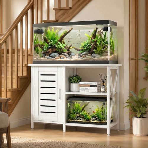 Image of Herture 40-50 Gallon Fish Tank Stand, Aquarium Stand with Cabinet Accessories Storage, Heavy Duty Metal Frame, 40.55 inch L*18.89 inch W Tabletop, 850LBS Capacity, White PG02YGW