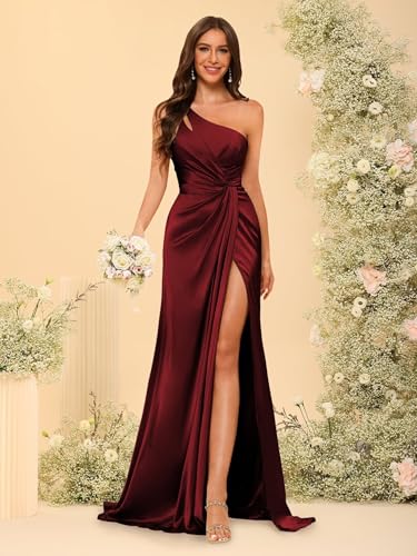 Women's One Shoulder Ruched Bridesmaid Dresses Long with Slit Satin Formal Prom Dress VS1174