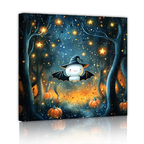 Décoration salon Halloween avec cette toile sorcière et citrouille 50x50cm