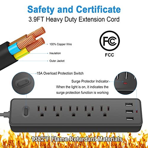 Power Strip Surge Protector With Usb,3.9 Feet Long Cord With 5 Ac Outlets And 3 Usb Charging Ports, Overload Protection Outlet Extender,For Smartphone Tablets Home,Office,Hotel,1700 Joules Black #TOP3