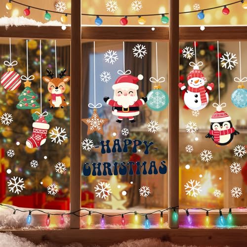 Image of AhfuLife 173Pcs Christmas Window Clings, 9 Sheets Xmas Window Stickers Reusable Double Sided Santa Claus Christmas Tree Snowman Snowflake Decals for Xmas Party Home Indoor Decorations