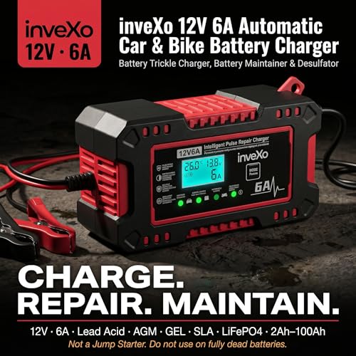 Image of inveXo 12V 6A Smart Car Battery Charger | Car, Bike, Truck | Automotive Trickle Charger, Battery Maintainer & Desulfator with Temperature Compensation | Suitable for Lead Acid, AGM, GEL, SLA Batteries