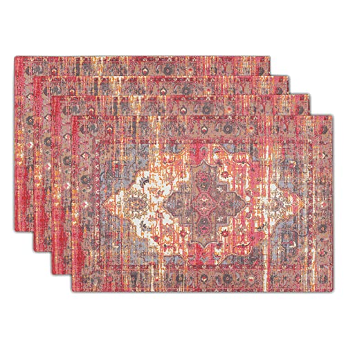 Image of Rust Red Ethnic Boho Placemats Set of 4 Bohemian Carpet Vintage Linen Washable Kitchen Dining Southwestern Table Mats Stain Heat-Resistant Desktop Decor Place Mats for Home Party Indoor 12x18 in