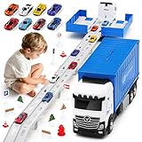 Transport Truck Spielzeugautos für Jungen im Alter von 3, 4, 5, 6 Jahren, tragbares Rennbahn Truck Spielzeugauto mit 8 Rennautos, Transporter Fahrzeug Spielzeug Set für Kinder (Blau)
