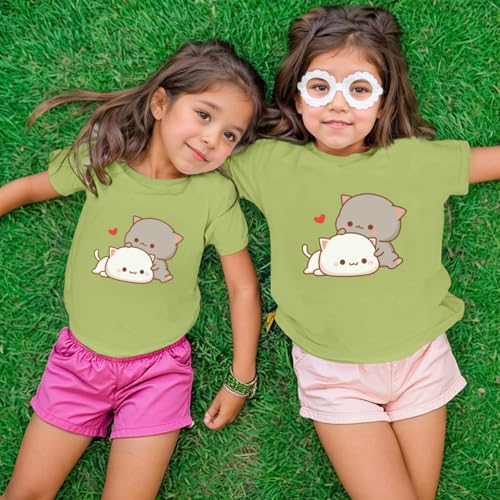 Image of KEEVICI Cute Cat Shirts for Girls Graphic Tees Kids Kawaii Cartoon Animal Print T Shirt Summer Cotton Short Sleeve Tops