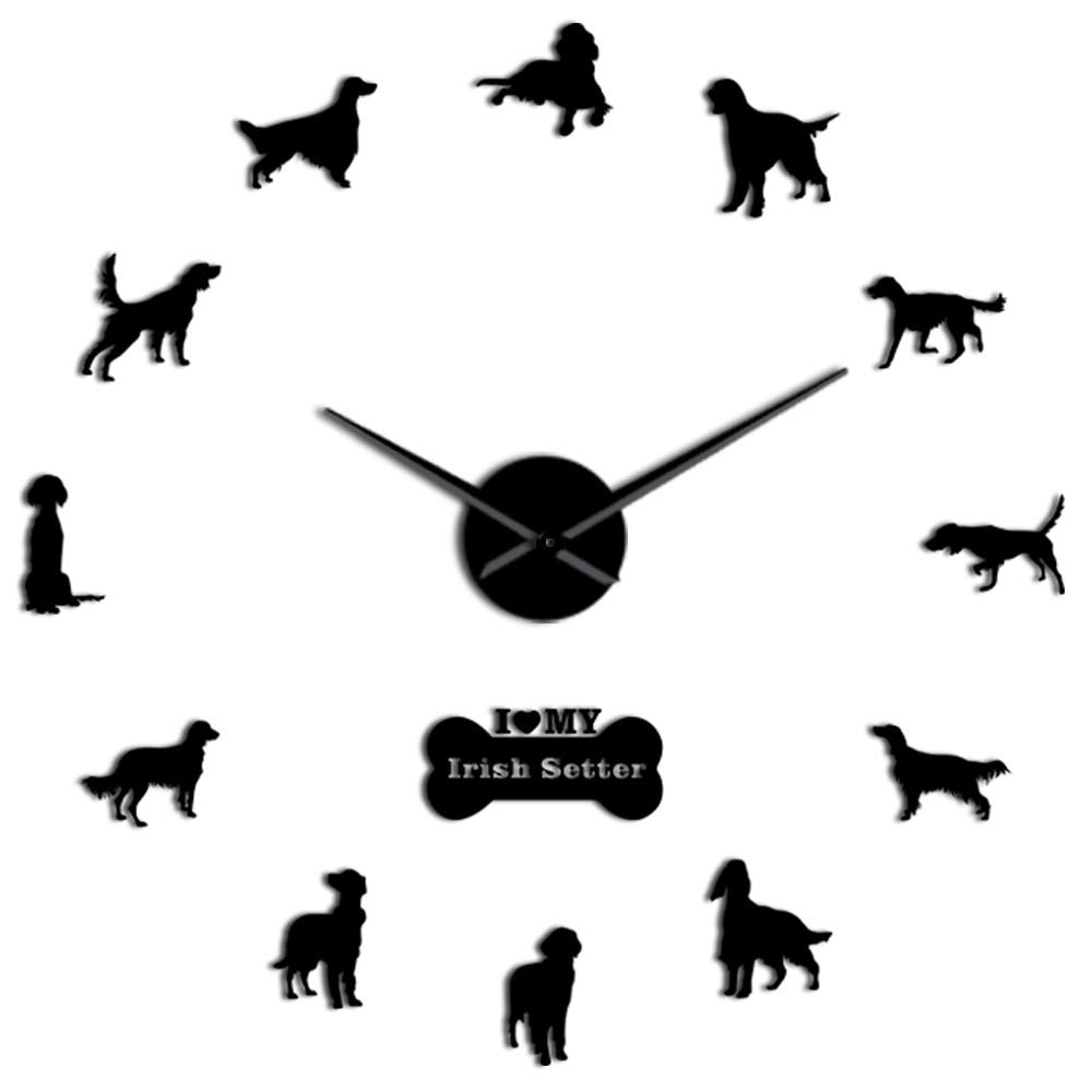 Vcs Black Irish Setter Diy Giant Wall Clock Frameless Wall Art Clock Red Setter Decorative Big Wall Watch Pet Store Decor(,27Inch)