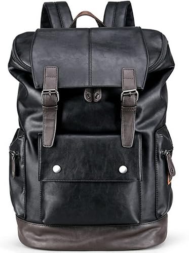 Miniatura 8 de CHAO RAN Mochila vintage de cuero para computadora portátil para hombres, mochila de cuero negro para hombres.., Negro -, Colegio Viajes Backapck