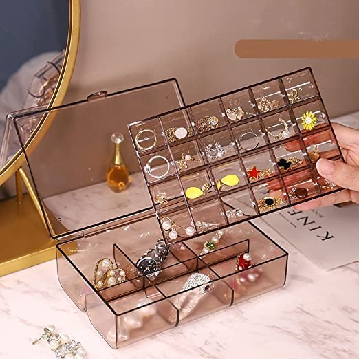 2 Layer Acrylic Jewelry Storage Box Grid Box Organizer for Jewelry Hair Pins Rings Earrings Necklace Bracelet Medicines Pill Craft Material Hardware Sections Box (Random Colour)
