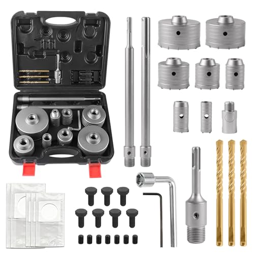 EXLECO 37 pcs Forets à Béton, Scie Cloche Beton 30/40/50/65/80/100/110mm, Carotteuse Beton avec Adaptateur SDS Plus 110 mm, 300 mm et Couronne de Forage sds...