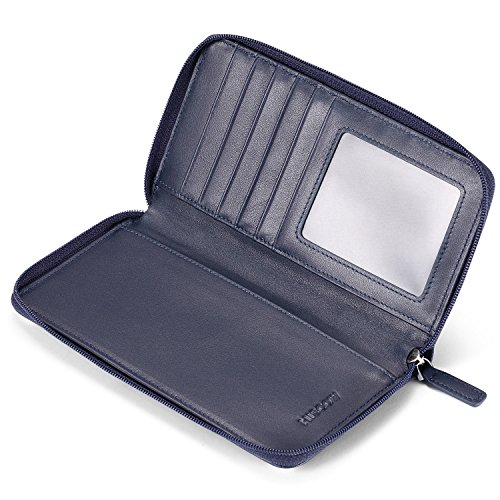 Image of HISCOW Leather Checkbook Cover, Zippered Wallet with Card Slots, Dark Blue | Full grain cowhide, 5cc & ID window, personal check book & register pockets, removable duplicate divider, women secure zipper