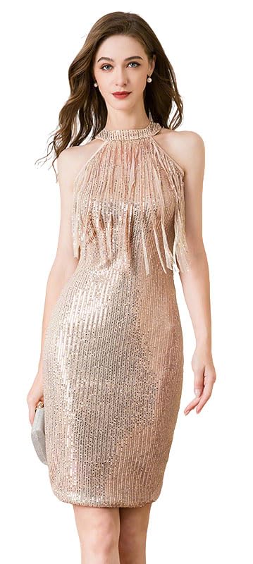 Image of Women Flapper Dresses 1920s V Neck Beaded Fringed Great Gatsby Club & Night Out Dresses