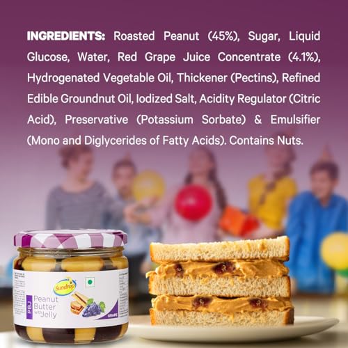 Image of Sundrop Peanut Butter with Red Grape Jelly | Creamy | 340 Grams | with 13.4% Protein | 6.8% Dietary Fibre |Premium Roasted Peanuts | No Added Colours & Preservatives | Great Value Per Gram of Protein