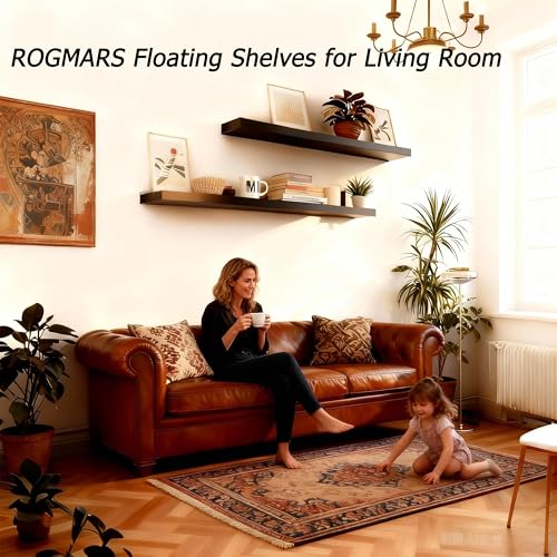 Image of ROGMARS 36 Inches Long Black Floating Shelves | Rustic Solid Wood Farmhouse Wall Shelves with Invisible Brackets for Bathroom, Living Room, Bedroom, Kitchen Set of 2