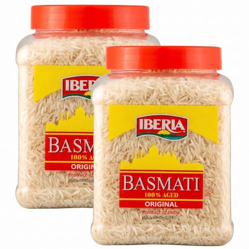 Iberia Basmati Rice Jar, 2 Pounds, Extra Long Grain, Naturally Aged Indian White Basmati Rice, Natural Basmati Rice in Food Grade Jar. (Pack of 2)