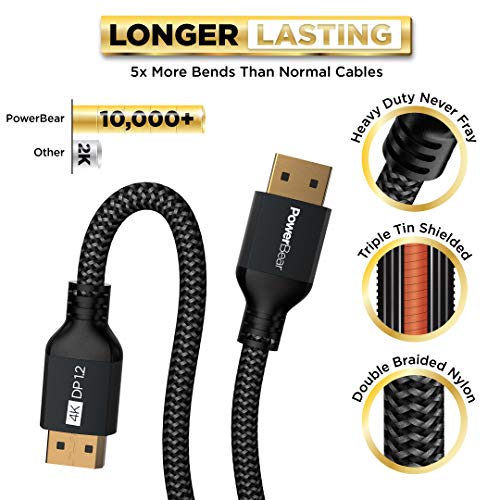 PowerBear 4K Displayport Cable (6 Feet) Ultra HD High Speed Display Port Cable for Gaming Monitor, Laptop, TV & PC | Nylon Braided Display Port 1.2 4K 60Hz, 2K 165Hz, 2K 144Hz (NOT HDMI)…