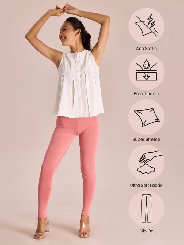 Image of GO COLORS Soft Cotton Stretch Ankle Length Leggings for Women | Breathable