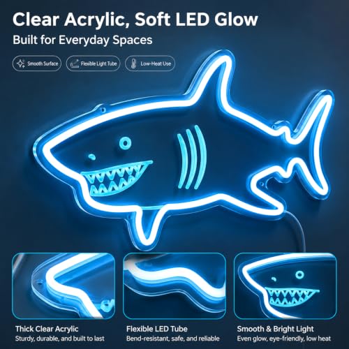 Image of Welltodo Shark Neon Sign, Motion Sensor Auto On /Off Neon Light Sign with 3-Key Dimmable Dual Mode, Safe Acrylic Flexible LED Shark Night Light, USB Powered Wall Decor Neon Signs for Bedroom Room Bathroom Party Shark Gifts