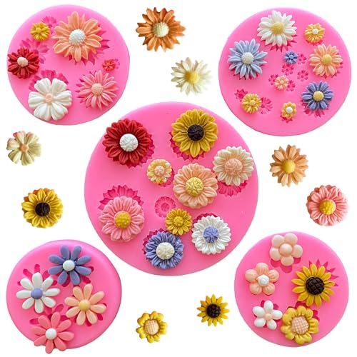 5Pcs Daisy Flower Molds Silicone Small Flower Chocolate Molds Sunflower Fondant Cake Candy Candle Resin Soap Ice Cube Mold for Baking