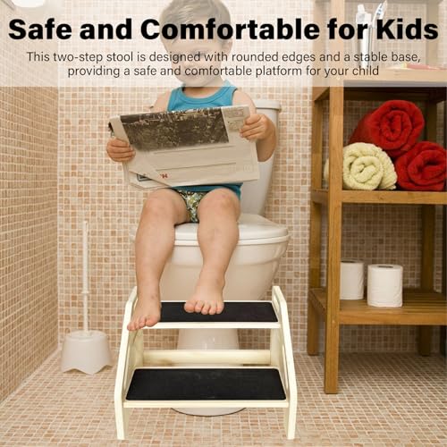 Wooden 2 Step Stool for Kids, Portable Toddler Training Stepstool with Handles, Non Slip Pads & High Load-Bearing Capacity, Suitable for Bathrooms Kitchens Bedrooms