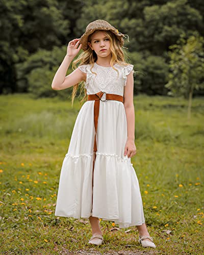 BIBIHOU Girls Lace Flower Ruffle Sleeve Holiday Party Wedding Swing A-Line Maxi Dress3