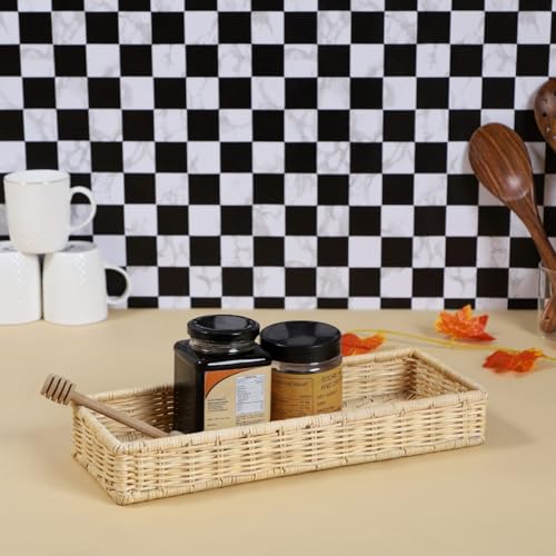 Image of Rectangular Bathroom Tray, Hand-Woven Rattan Storage Baskets Decorative Tray, Wicker Basket Organizer Tray for Storage, (12 inch L x 5 inch W x 2 inch H, Pack of 1)