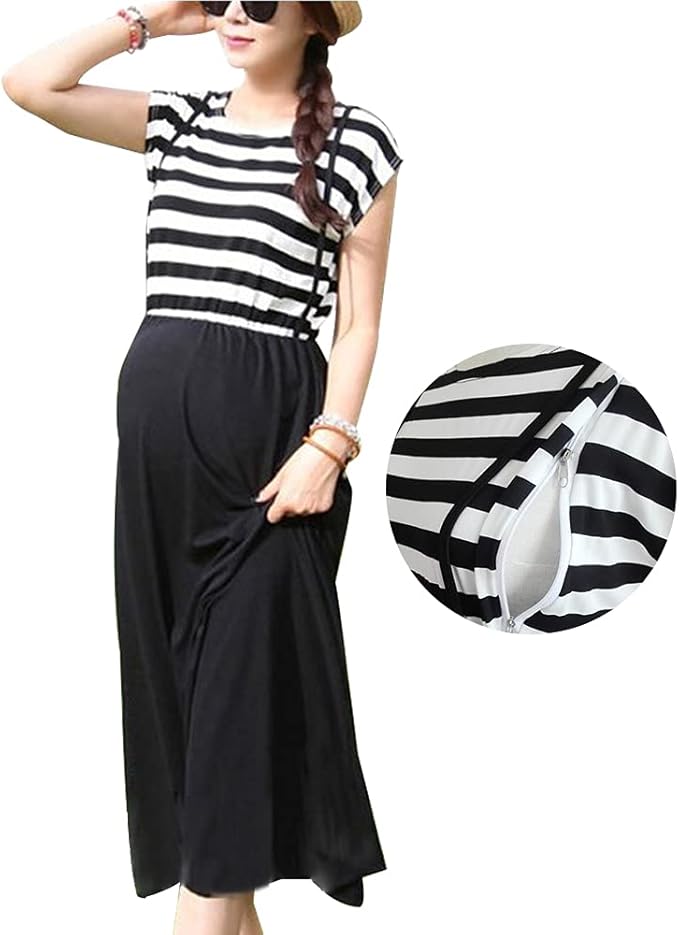 Amazon Co Jp Cichic 授乳服 マタニティ ワンピース ストライプ 授乳口付き ジッパー 半袖 ロング 妊婦 産前産後 ブラック ホワイト 服 ファッション小物