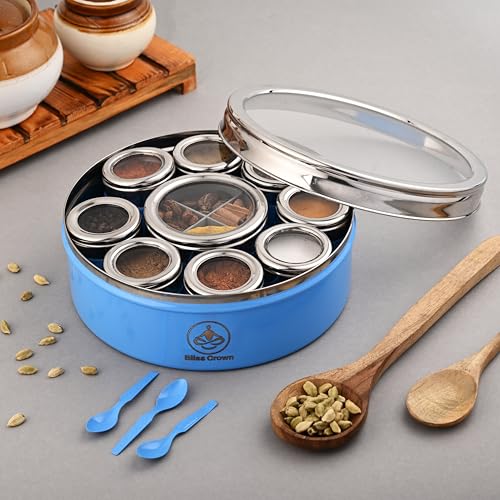 Image of 12-in-1 Stainless Steel Spice Box (Azure Blue) | Masala Dabba with 8 Containers + 1 Divider Box (4 Sections) + 3 Spoons | Airtight, Premium Coated Finish, Kitchen Organizer