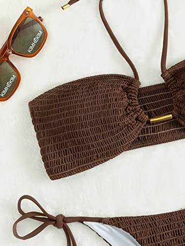 Shein Women's Smocked Bikini Bandeau Bathing Suits With Tie Side 2 Piece Swimsuits Coffee Brown Small #TOP3