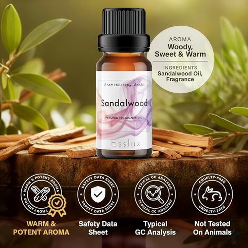 Image of Esslux Sandalwood Fragrance Oil for Diffuser & DIY | Warm, Woody Aroma for Candles, Soaps, Perfumes & Home Scents | Long-Lasting & Luxurious, 60 ML