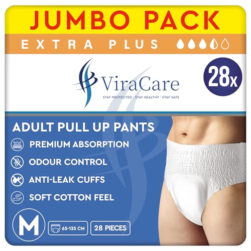 28 x Extra Plus Incontinence Pants Women & Men | Adults Nappies | Premium Absorption and Soft-Stretch Waistband | Adults Pull Up Pants | Waist Size Medium 65-135 cm | (2 Packs of 14)