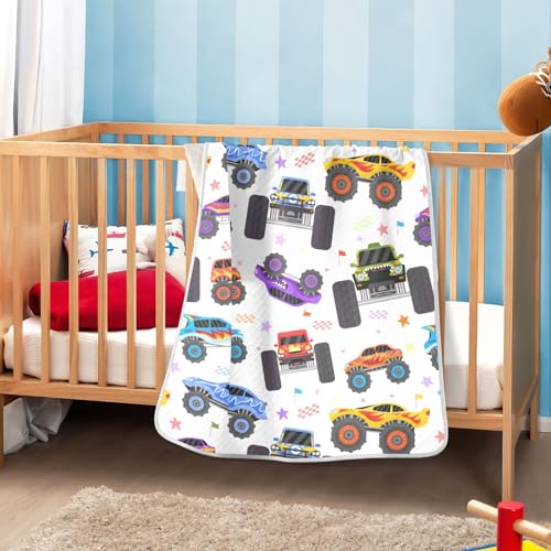 Image of Swaddle Blanket Cartoon Monster Trucks Cotton Blanket for Infants Receiving Blanket Lightweight Soft Swaddling Blanket for Crib, Stroller, Nursery Blankets, 30x40In