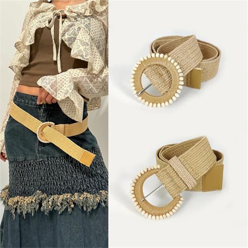Straw Boho Belt Women Straw Belt Wide Elastic Waist Belts Braided Waistband Summer Casual Cloth Beach Apparel Accessory(Oval Buckle)2