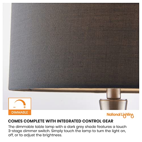National Lighting Modern Table Lamp - 3-Stage Dimmer Touch Lamp for Desk - Bedside Reading Lamps for Bedroom - Satin Nickel Effect & Dark Grey Cotton - 40W 240V Incandescent E14 Candle (Not Included)