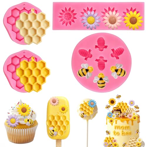ZWLIYCHN Bumble Bee Silicone Mold 4Pcs Honeycomb Sunflower Fondant Molds Beehive Candy Molds Honeybee Chocolate Mold for Chocolate Fondant Candy Cookies Cupcake Cake Sugar Dessert Ice Cube Soap Candle