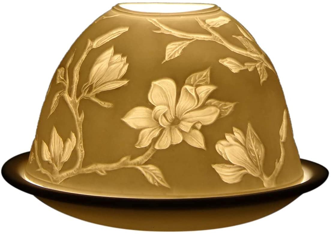 Light-Glow Beige Floral Tealight Dome | Decorative Led Candle Holder | H8 X Ø12cm | Flameless Ambient Lighting For Home Décor | Multiple Designs (Magnolia)