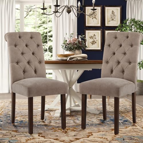 COLAMY Button Tufted Dining Chairs Set of 2, Parsons Upholstered Fabric Dining Room Chairs Kitchen Chairs with Wood Legs and Padded Seat, Taupe by COLAMY - Used condition - CA$172.75