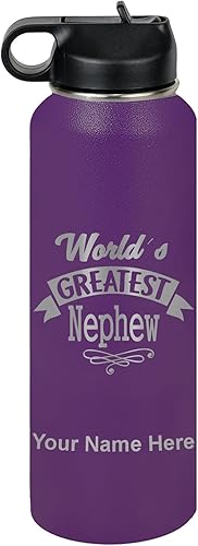 Miniatura 47 de LaserGram Botella de agua con tapa abatible de doble pared de 20 onzas con popote, sobrino más grande del mundo, grabado personalizado incluido