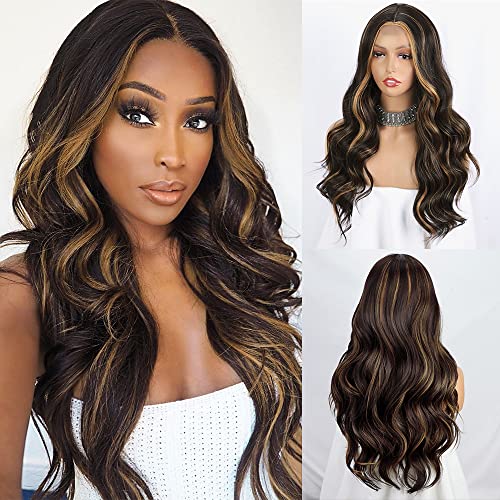 ORSUNCER Long Body Wave Dark Brown Mixed Highlight Blonde Wig for Women Middle Part Wig Long Wavy Synthetic Heat Resistant Hair Wigs for Daily Party Use