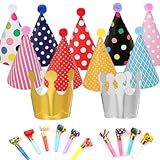 23 Stück Geburtstagsparty-Set, Partyhüte und Kronen für Kinder und Erwachsene, Bunte Tröten für Festliche Stimmung, Inklusive 2 Kronen, 9 Partyhüte und 12 Tröten, Perfekt für Geburtstagsfeiern