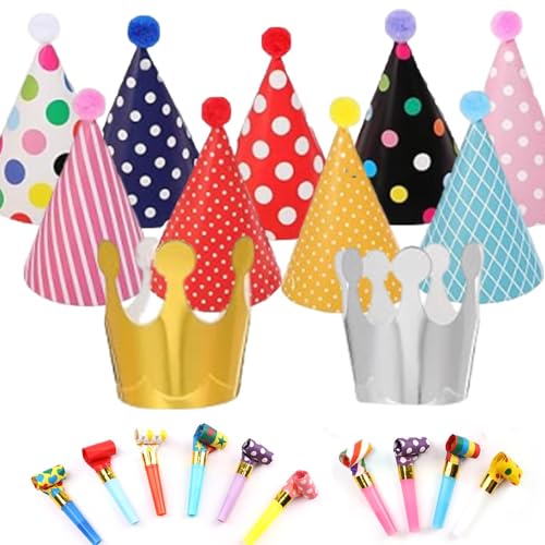 23 Stück Geburtstagsparty-Set, Partyhüte und Kronen für Kinder und Erwachsene, Bunte Tröten für Festliche Stimmung, Inklusive 2 Kronen, 9 Partyhüte und 12 Tröten, Perfekt für Geburtstagsfeiern