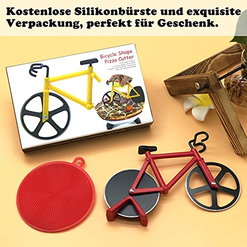Foto von Fahrrad Pizzaschneider, 100% Essen Grade Antihaftbeschichteter Edelstahl Doppel Pizza Schneider, Profiausführung, Geeignet für Party usw, Interessantes Weihnachtengeschenk, Rot