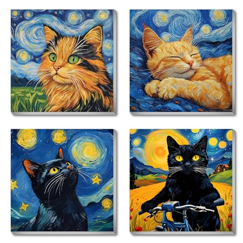 Canrichshop 4 Packs Black Cat Paint by Number Kit for Beginner with Frame Paint by Numbers Kits on Canvas DIY Number Painting for Adults for Decor 8X 8 inch