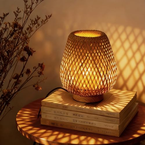 URLIGHTS Boho Table Lamp with Double Layer Woven Shade Wood Base, Desk Bedside Small...