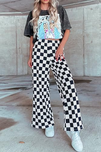 Lesore Womens Casual 2-Tone Checkered Print Pants Elastic High Waist Wide Leg Pants Lounge with Pockets3