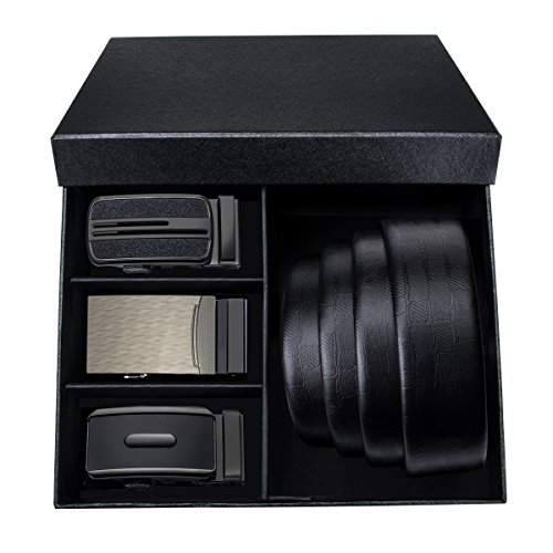 Cinturón de piel Barry.Wang para hombre con 3 hebillas automáticas, de trinquete, con correa ajustable y caja de regalo, color negro Negro Black1 X-Large